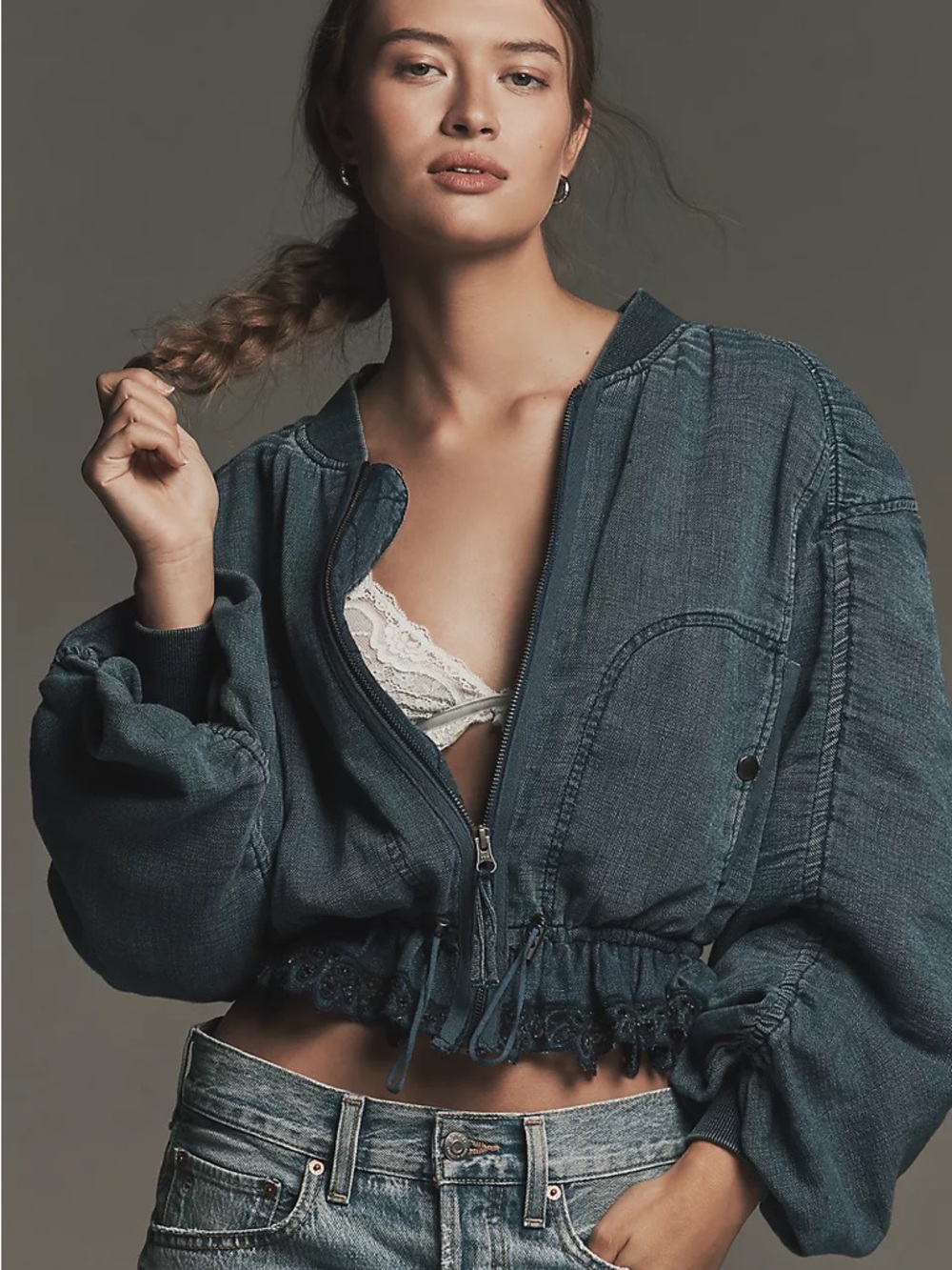 Anthropologie Ruched Lace Denim Bomber Jacket